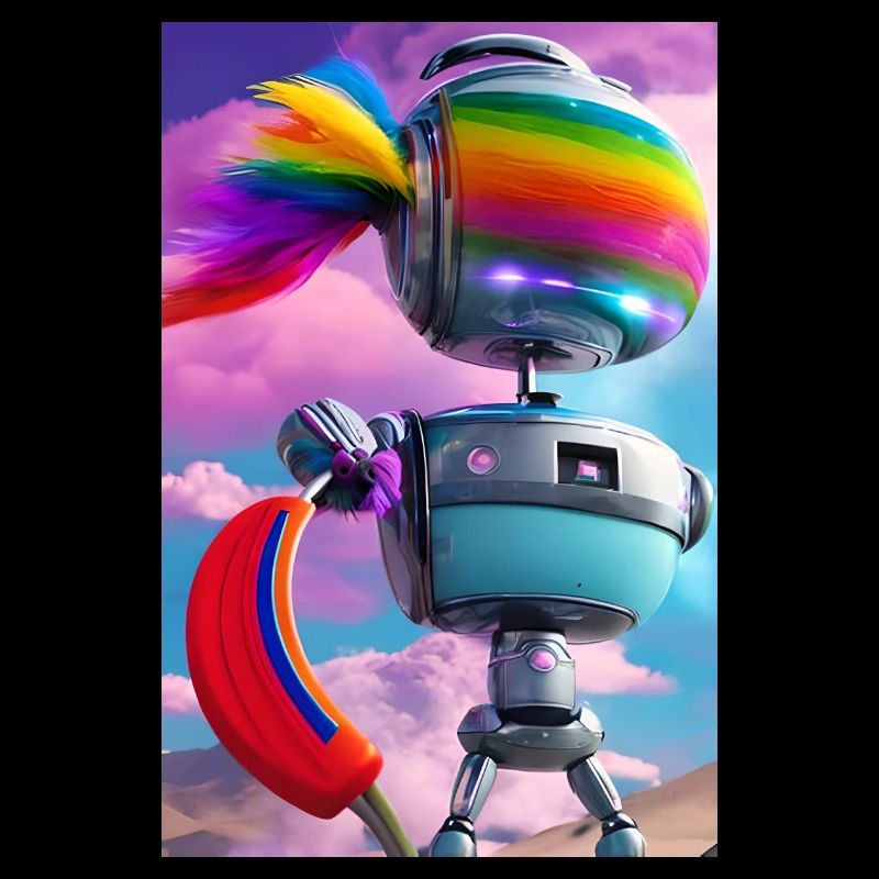 cute science fiction robot with rainbow head