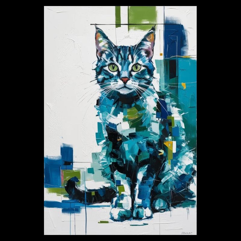 Chat abstrait en bleu vert / Numérique / Affiche #2