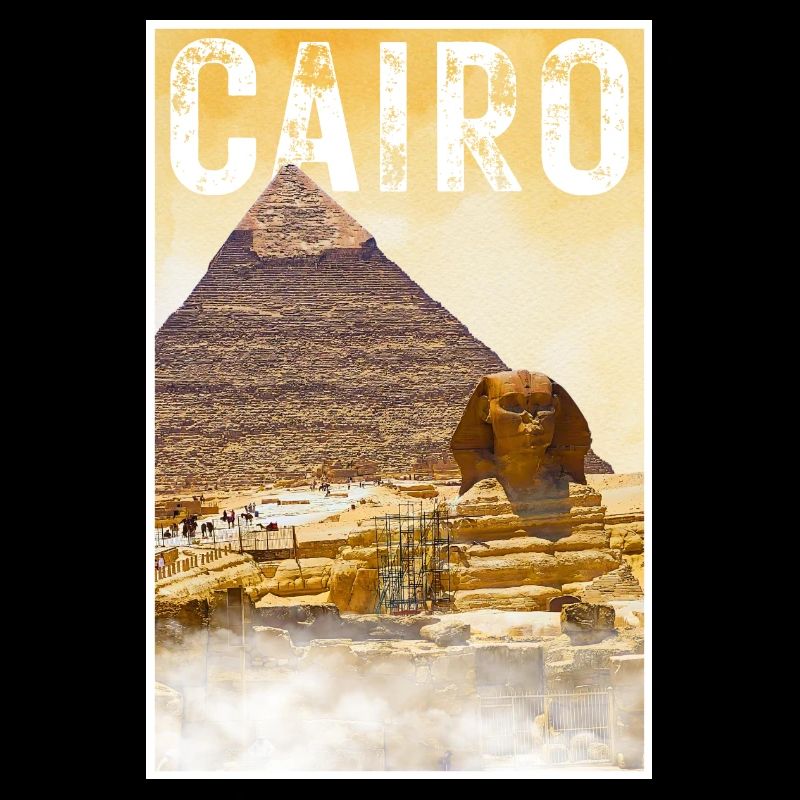Affiche de voyage vintage du Caire avec pyramide et sphinx