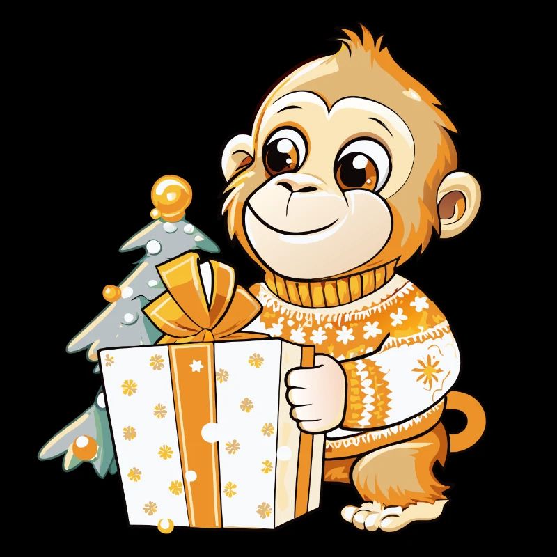 Cute monkey unwrapping gift