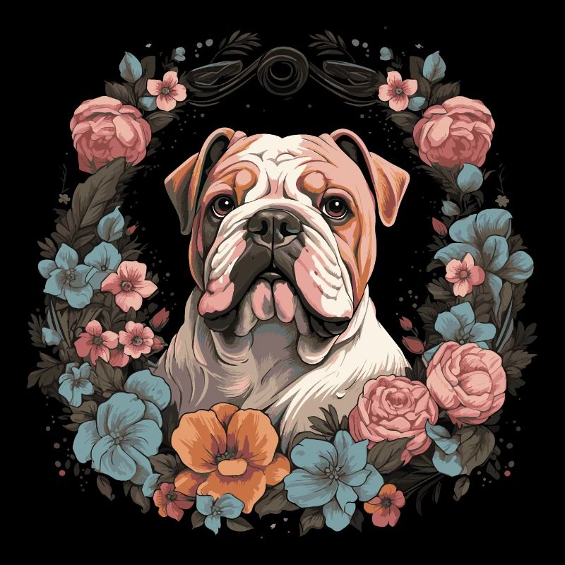 Bouledogue anglais avec des fleurs