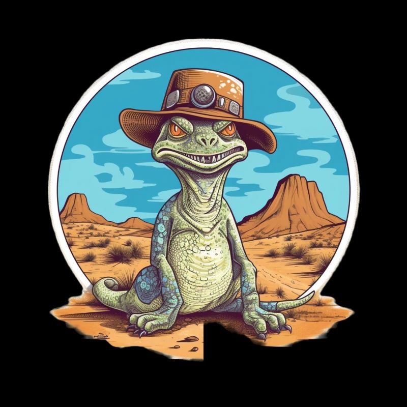 Dinosaure créatif avec chapeau dans le désert