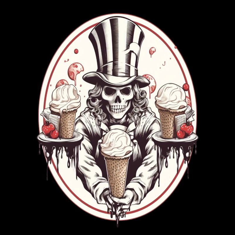 Crâne avec cornet de glace et chapeau haut de forme