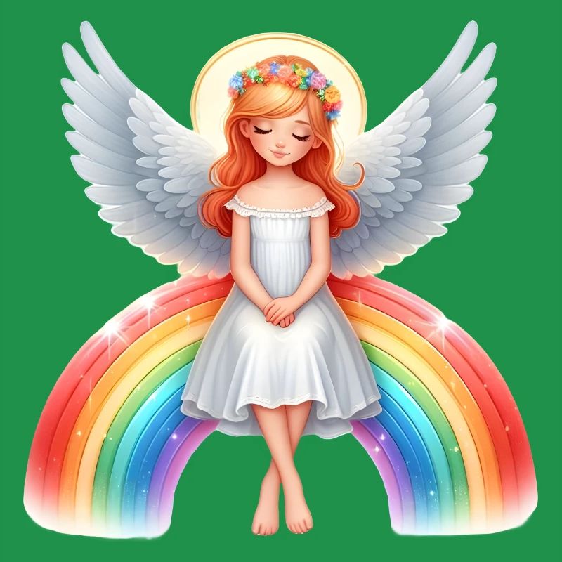 Engel sitzt auf Regenbogen
