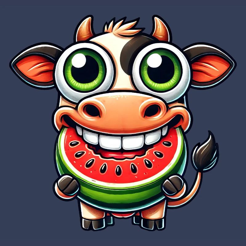 Mignon dessin animé de taureau de vache avec pastèque