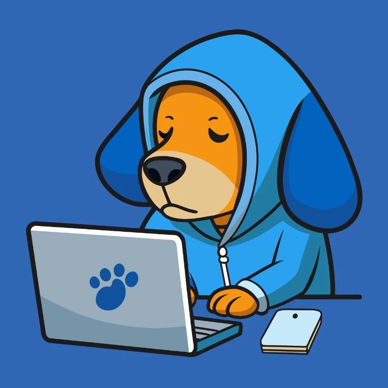 Un chien hacker mignon dort dans un sweat à capuche devant le PC