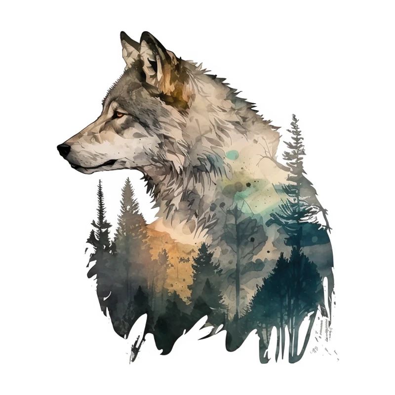 Wolf Bäume Landschaft Aquarell