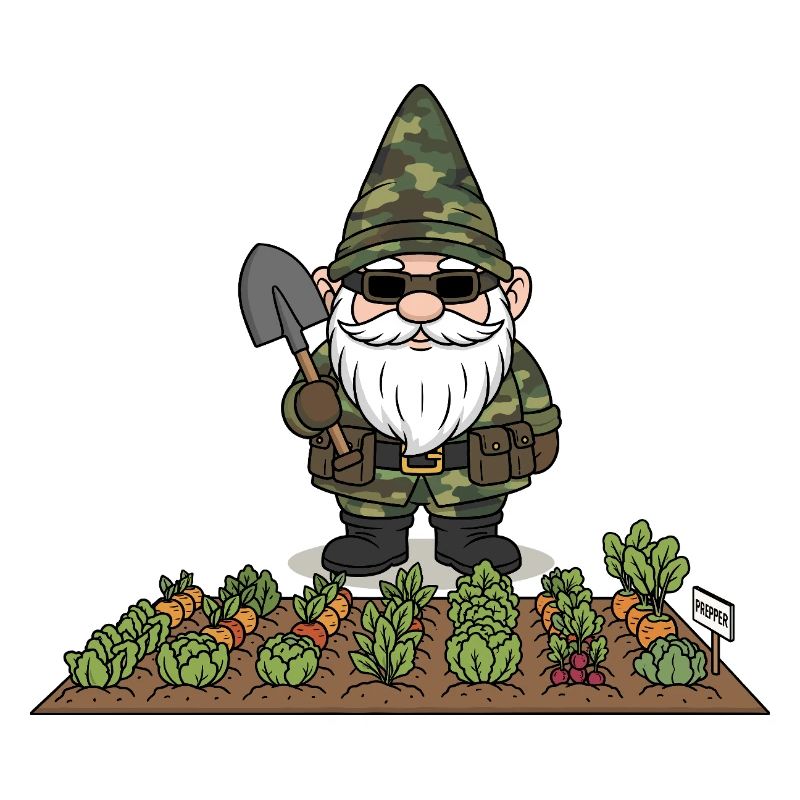 Prepper gnome in the vegetable patch