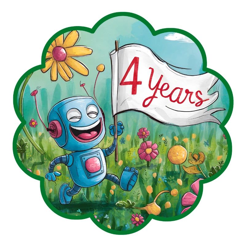 4 ans, 4e anniversaire robot sur prairie fleurie