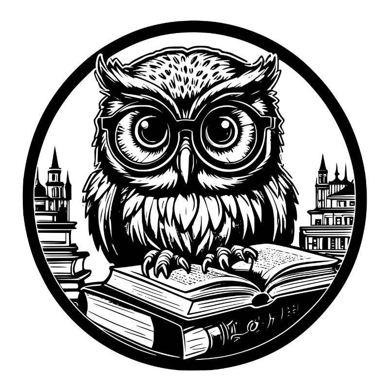 Kleine lustige Eule mit Brille sitzt auf Buch