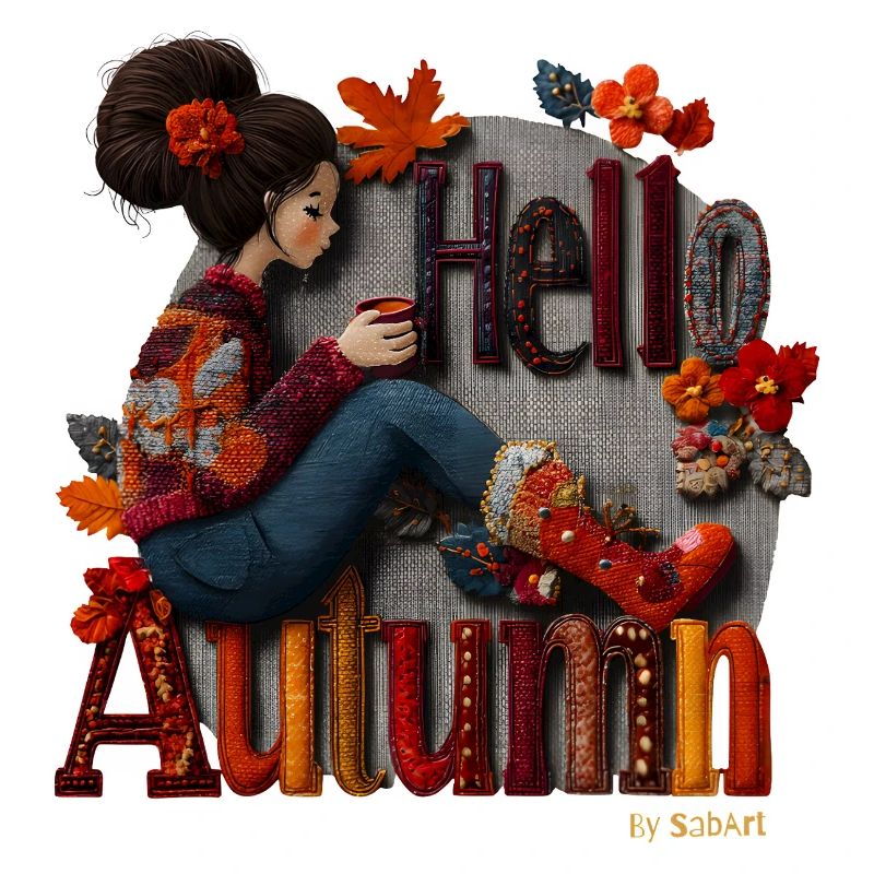 Hello Autumn – Gemütliches Herbstmädchen mit Kaffee, Blumen