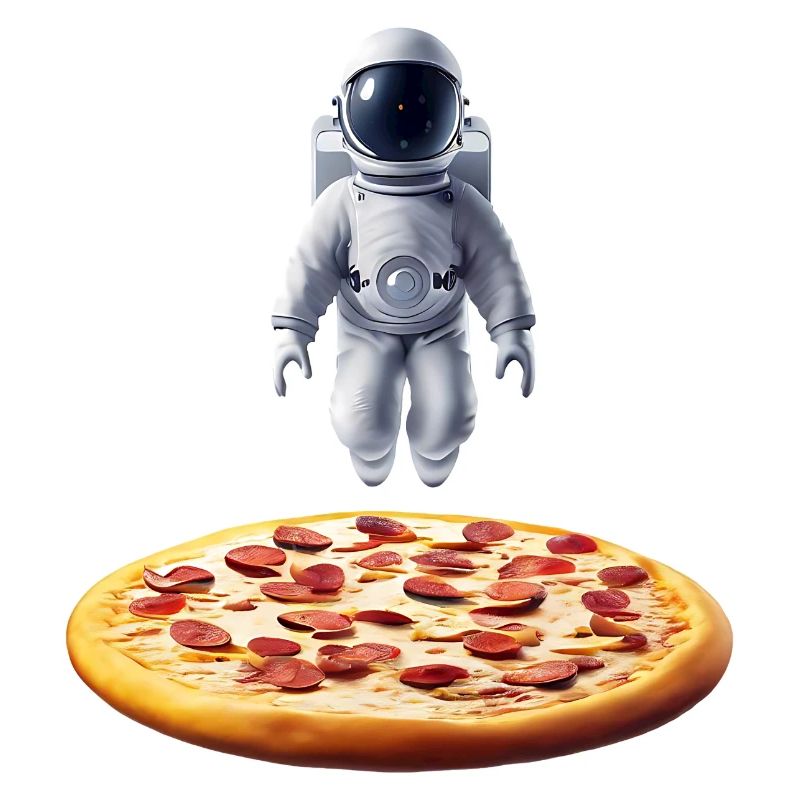 Hovering astronaut over pizza