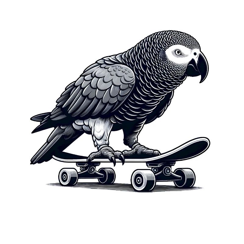 Graupapagei auf Skateboard