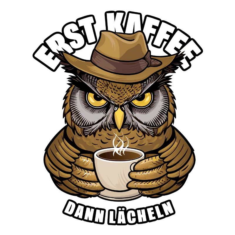 Grantige Eule mit lustigem Kaffeetrinkerspruch