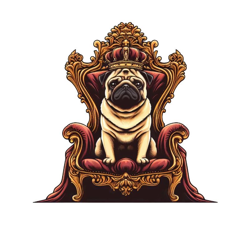 Hund Mops sitzt auf Thron Hund und Herrchen