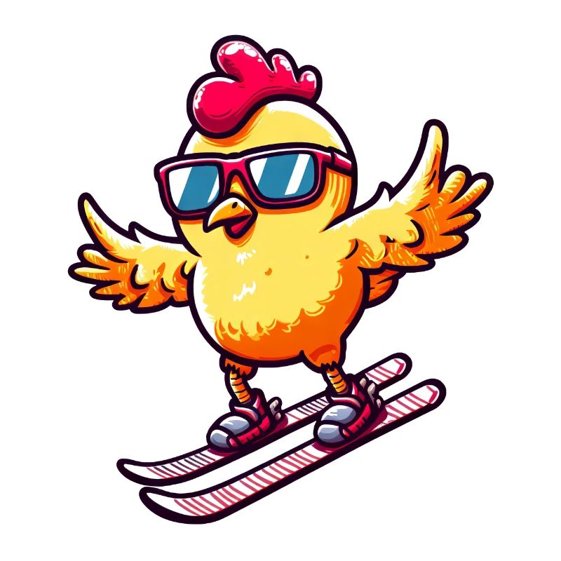Skiing chicken on winter vacation