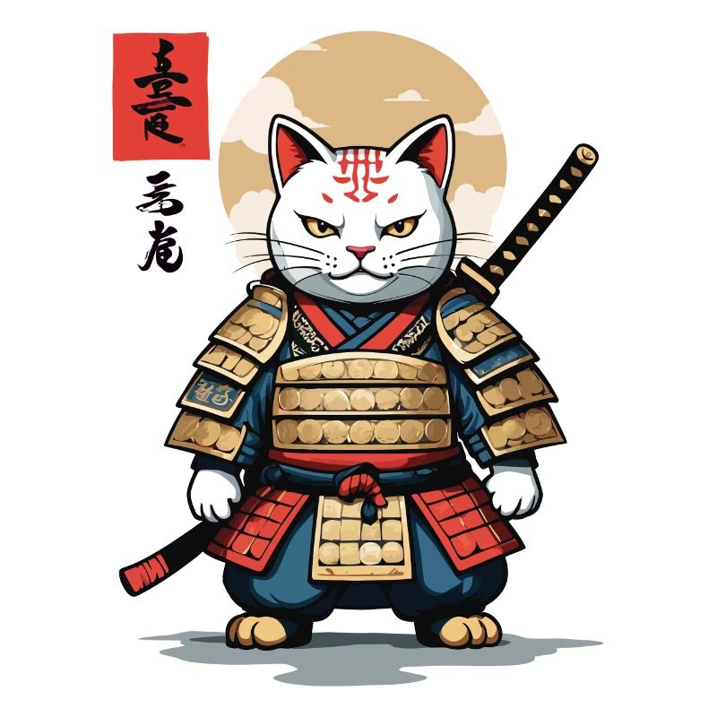 Chat Samouraï Asiatique Ukiyo-E Style Esthétique