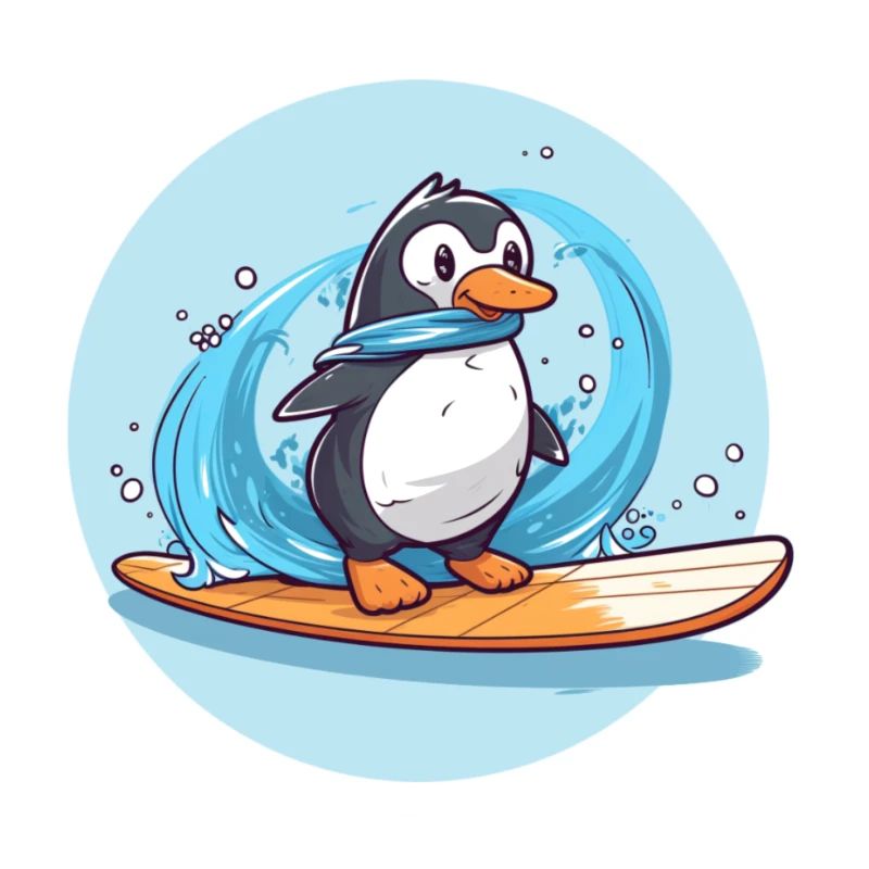Pingouin surfeur mignon sur une planche de surf