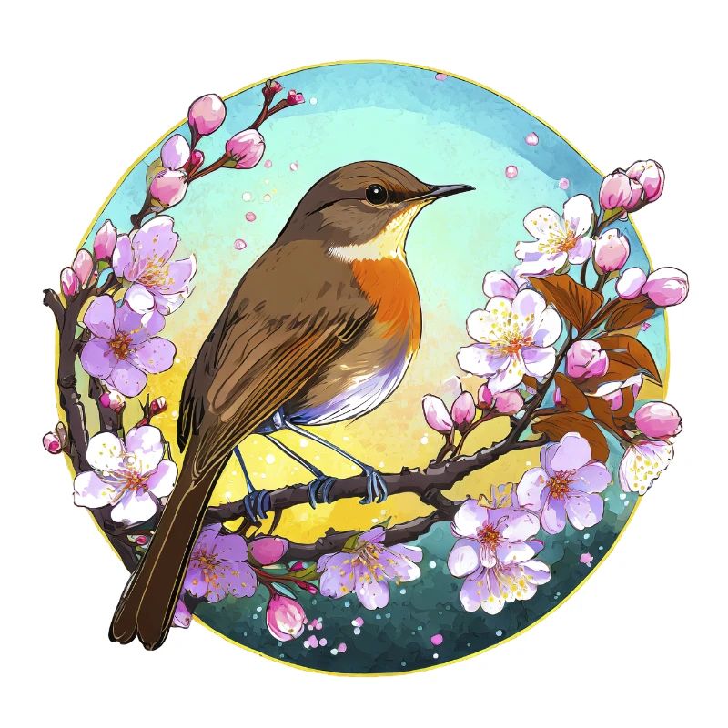 A robin on a cherry blossom branch