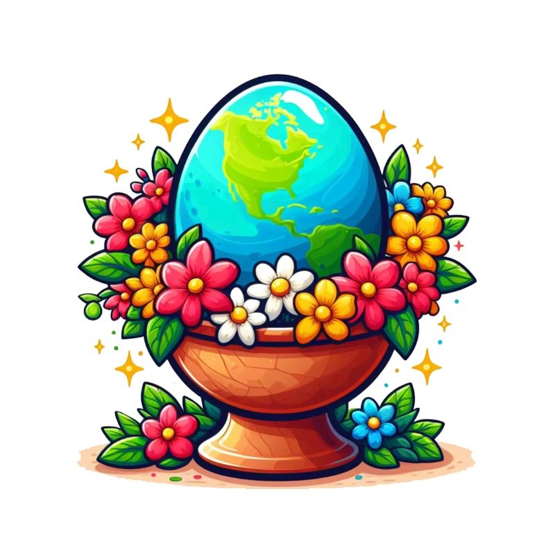 Die Erde in einem Eierglas mit Blumen drumherum