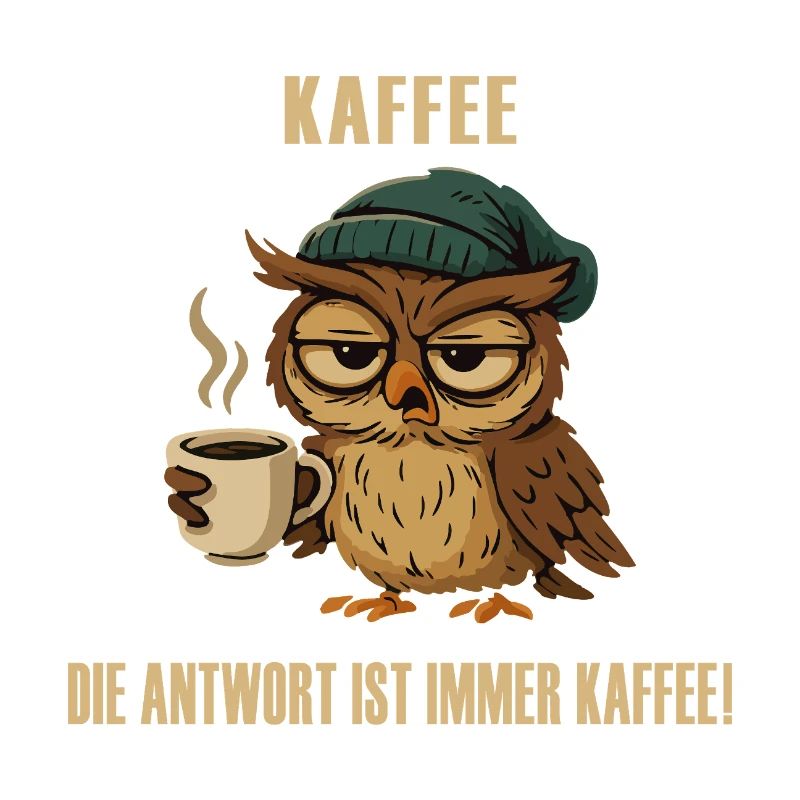 Müde Eule mit Kaffee – lustiger Spruch.