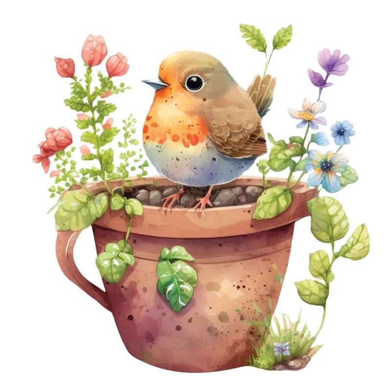 Pot de fleurs et oiseau