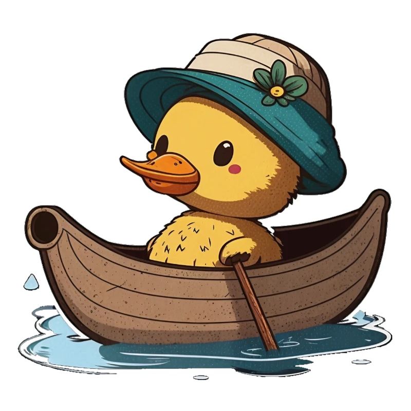 Canard mignon en bateau à rames avec chapeau d’été et fleur