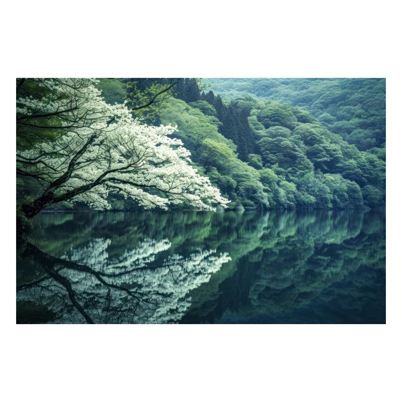Arbre en fleurs se reflétant dans un lac tranquille