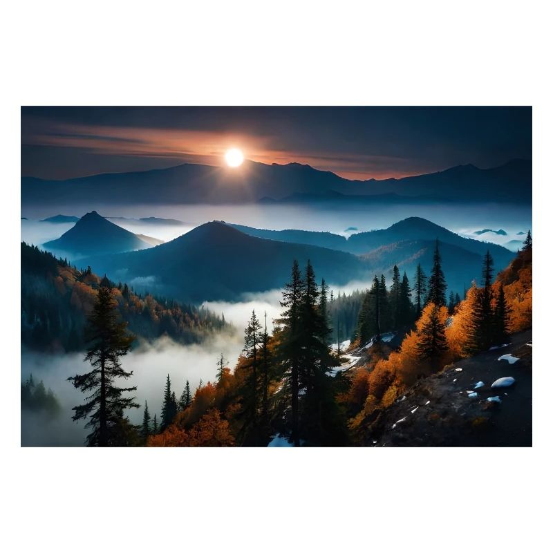 snowy forest between misty mountains