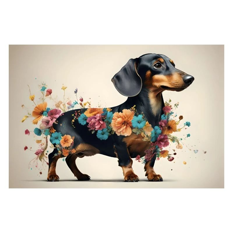 Affiche, teckel avec de belles fleurs