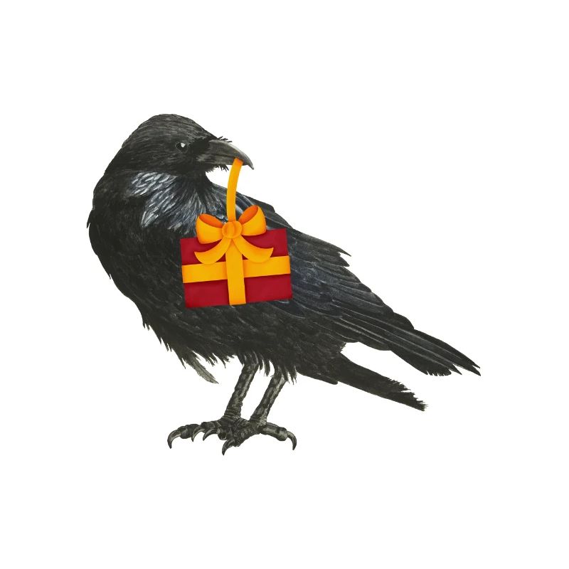 Rabe Krähe mit Geschenk im Schnabel