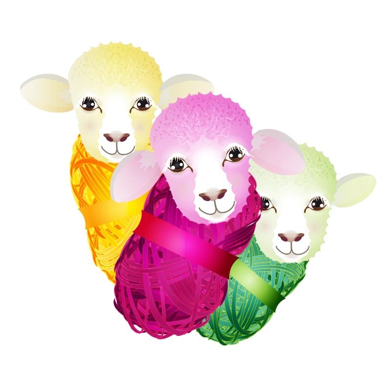 three colourful sheep with colour-coordinated wool