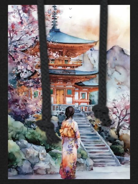 Kimono-Pagode und Kirschbäume