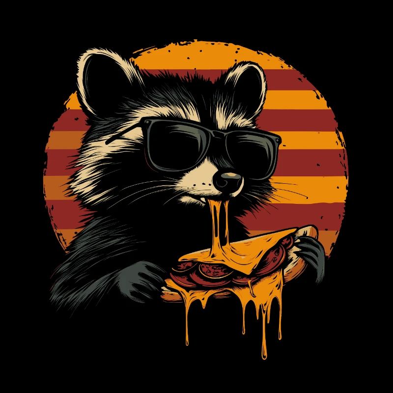 Waschbär mit Sonnenbrille isst Pizza