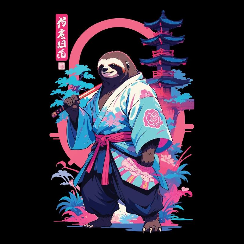 Samurai Sloth Aesthetic Vaporwave Style