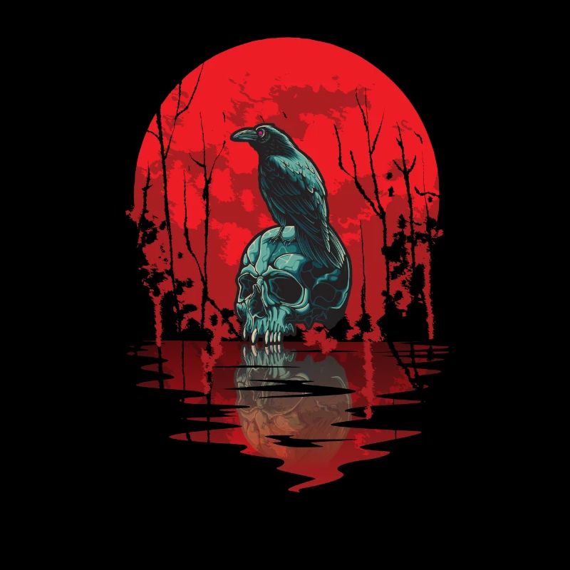 Gothic Skull Red Moon Black Crow