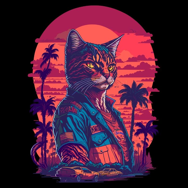 Illustration d’action des années 80 d’un chat et de voitures