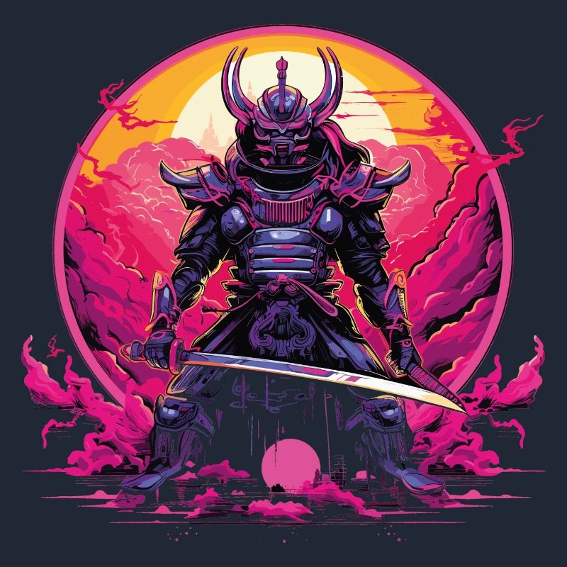 Robotic Samurai With Sword And Synthwave Armor