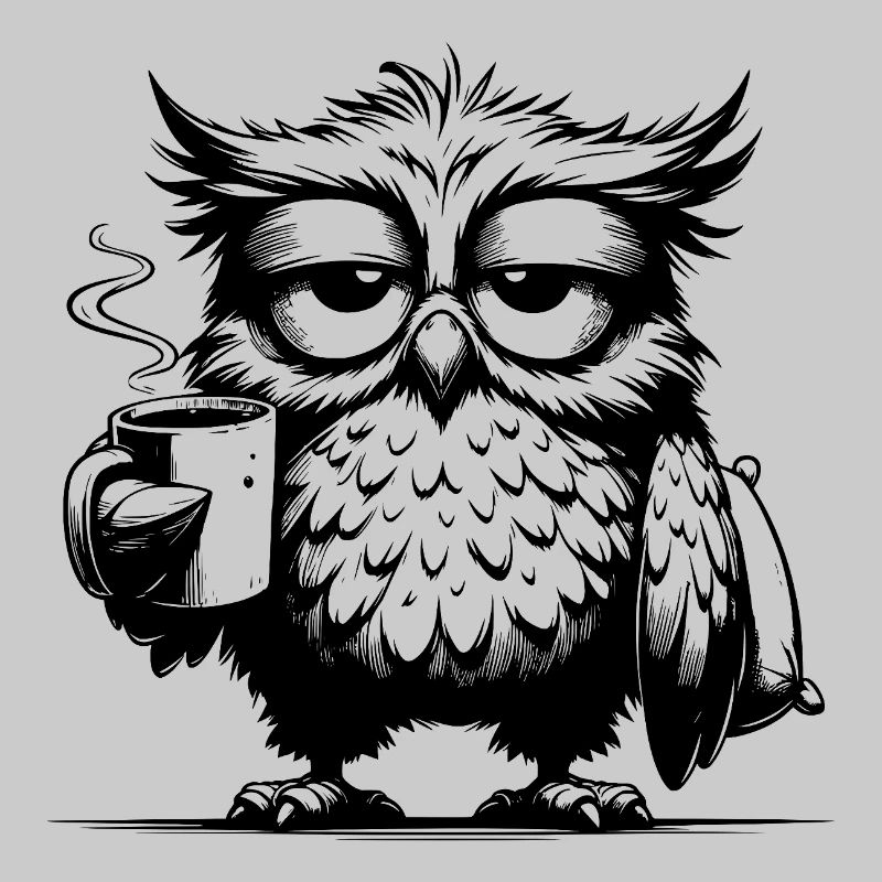 Lustige müde Comic Eule mit Kaffee Defizit