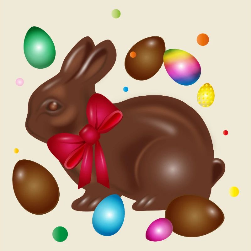 Chocolate Easter bunny with colorful Easter eggs