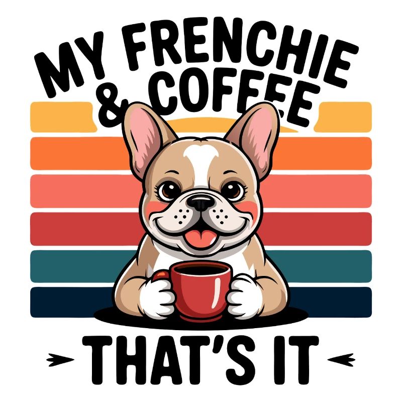 Kaffeetrinkender Frenchie mit Regenbogen