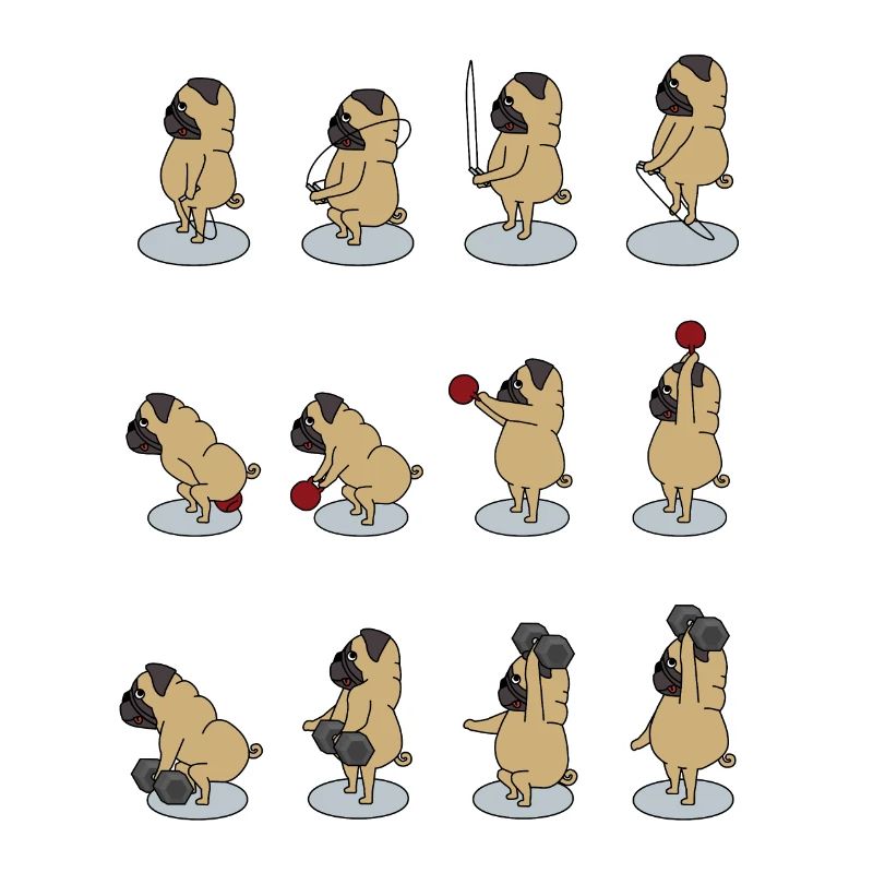 fitter pug does sports with Dumbbell, Kettlebell