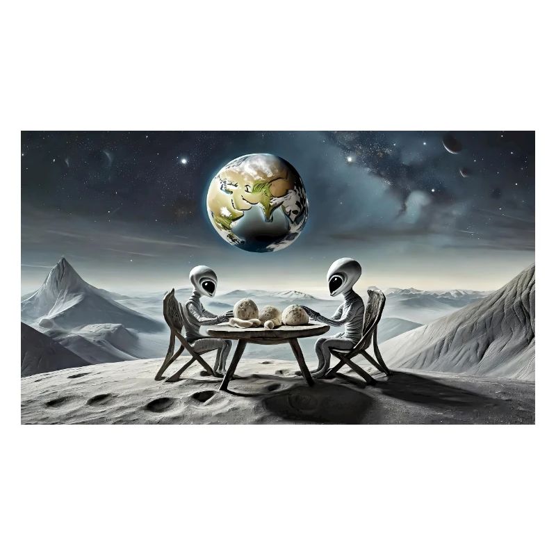grey alien on the moon surface – eating dinner