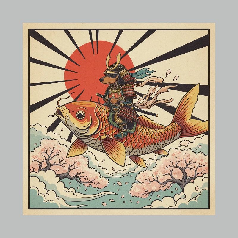 Poisson koi géant chevauché samouraï teckel japonais