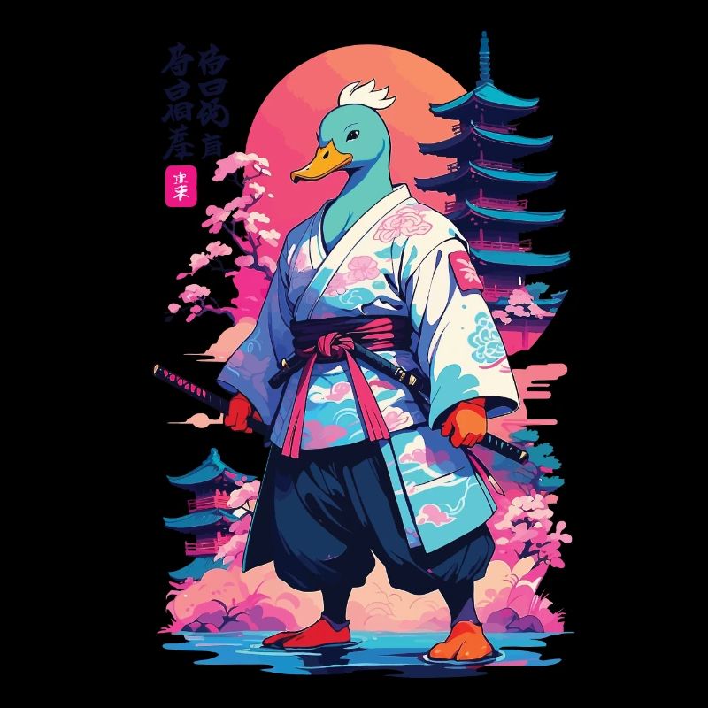 Samurai Duck in Aesthetic Vaporwave Style