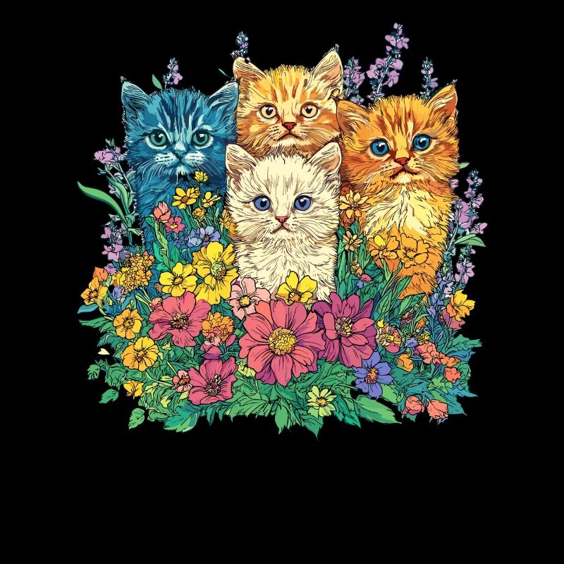 Chats colorés dans une mer de fleurs
