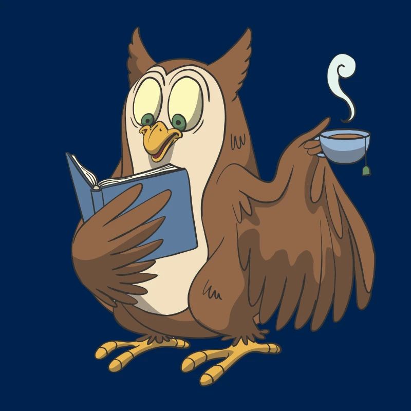 Bücher Eule mit einer Tasse Tee