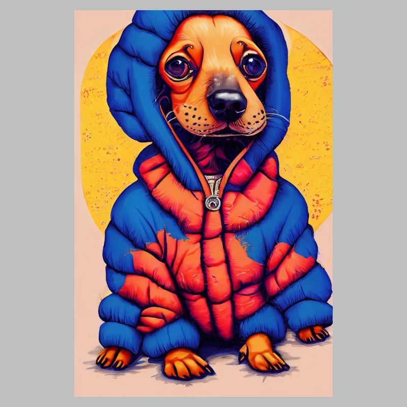 Teckel Pop Art avec doudoune surdimensionnée