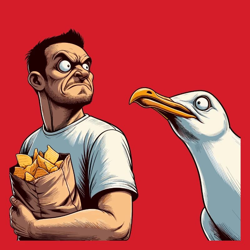 Duel man with chips against seagull