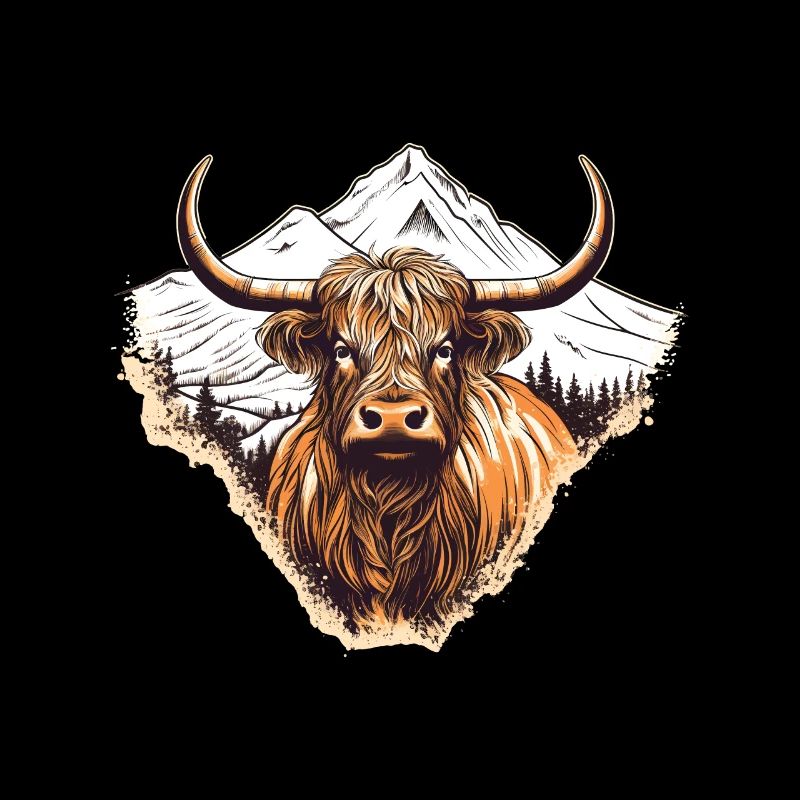 Rustic Scottish Highland cow landscape and